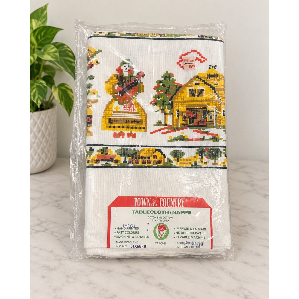 Vintage Town & Country Tyrol Tablecloth Poland Cotton Linen Folk Art 51x68 NIP